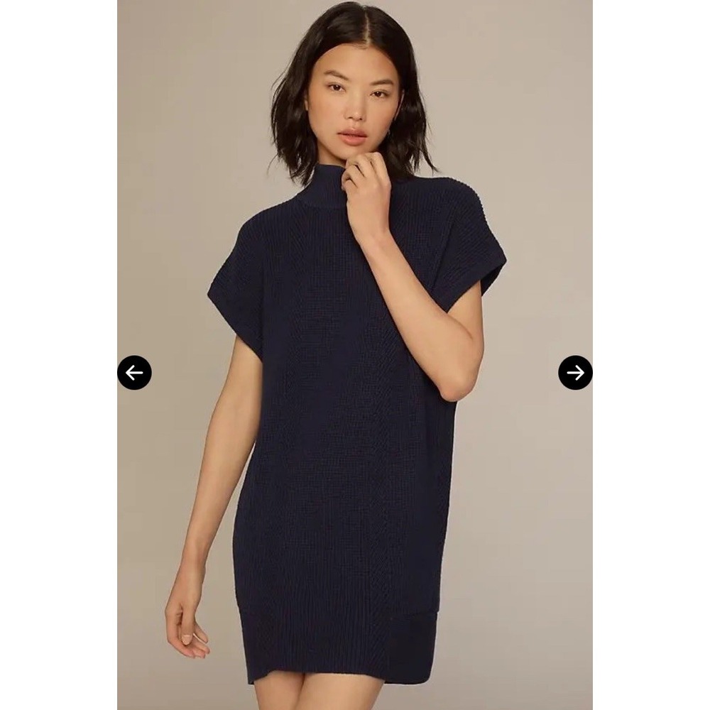Anthropologie Knit Sweater Mini Dress Navy Blue Sleeveless Mock Neck Size L